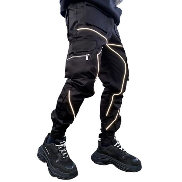 

spring autumn cargo pants men fashion hip hop cool high street joggers nighttime reflective trousers casual men's sweatpants238v, Black