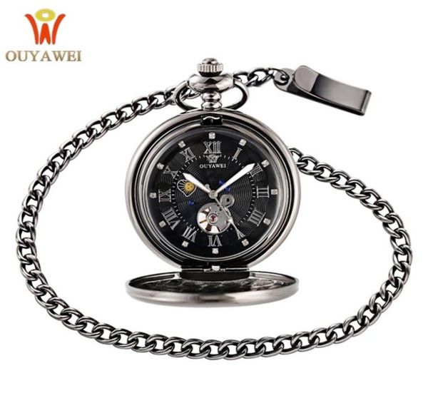 

ouyawei vintage pocket watch black case hollow dial moon phase function hand wind mechanical fob watch t2005022684628, Slivery;golden