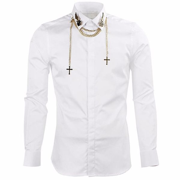 

luxury men's shirts brand long sleeve shirts men with chain slim fit mens dress shirts casual chemise homme camisas hombre bl237r, White;black