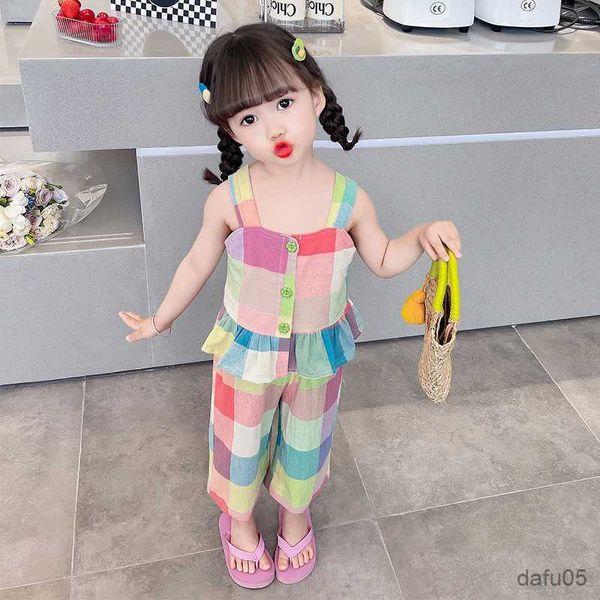 

clothing sets summer clothes for girls plaid pattern girls clothing vest short girls clothes set casual style costumes for children r230812, White