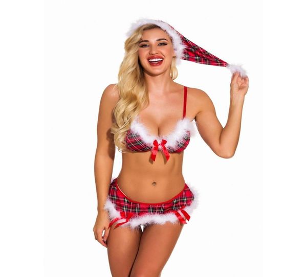 

women christmas hat bra and panty set red plaid seductive bikini swimsuit costume lingerie with white fuzzy trim and satin bo7446345, Black;red