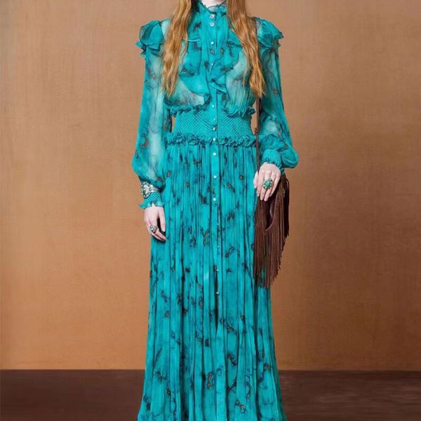 

designer dress french peacock blue floral dress with a wide waistband and long skirt with lantern sleeves for a new high-end feel, Black;gray