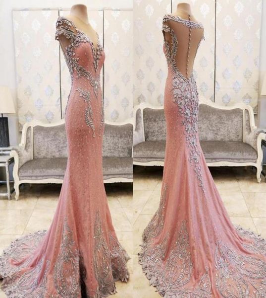 

luxury lace crystals beaded pink evening dresses sheer neck mermaid back covered buttons sweep train saudi arabia party dresses hy7167115, Black;red