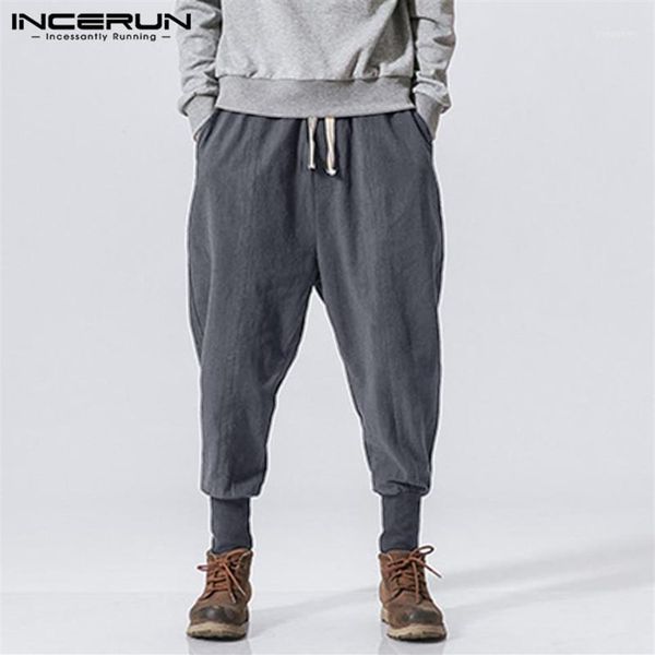 

incerun men harem pants drawstring cotton joggers solid 2020 streetwear drop-crotch trousers men baggy casual sweatpants s-5xl1323b, Black