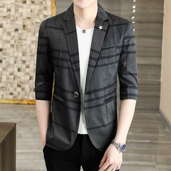 

fashion men blazers plaid casual suit jacket 3 4 sleeve wedding business blazer street wear social slim coat costume homme 210527231b, White;black