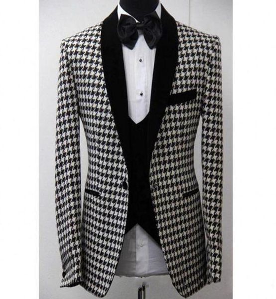 

custom design houndstooth groom tuxedos black shawl lapel groomsmen mens wedding tuxedos fashion man 3 piece suitjacketpantsves7120966, Black;gray