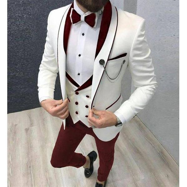 

slim fit casual men suits 3 piece groom tuxedo for wedding prom burgundy and white male fashion costume jacket waistcoat pants202u, White;black