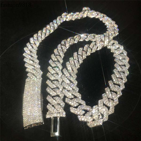 

ice out hip hop 15mm 2 rows miami cuban link chain long clasp vvs moissanite cuban links bust down sier cuban necklace, Silver