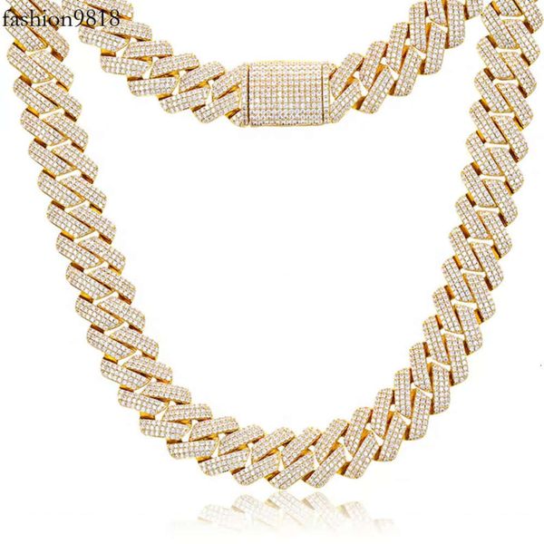 

20mm 3rows thicker fully iced out sier gold plated miami rappers prong setting vvs moissanite cuban link chain, Silver