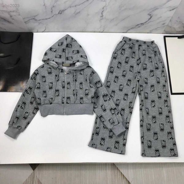 

new kids designer clothes child jacket sets size 120-160 cm 2pcs cartoon cat print all over hooded zippered jacket and pants, White