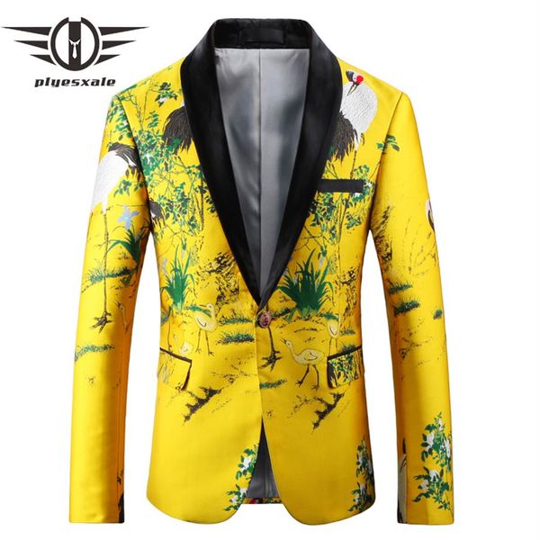 

plyesxale black yellow blazer men 2018 slim fit floral embroidery blazer jacket shawl collar casual suit mens prom blazers q421255m, White;black