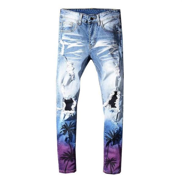 

skinny jeans men coconut palm printed colored ripped jeans slim fit holes distressed stretch denim pants trousers280t, Blue