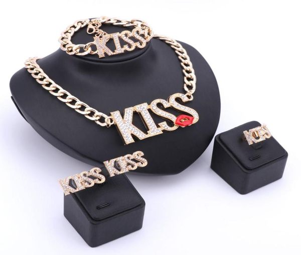 

women charm bridal earrings ring kiss lipstick big letter pendant sets classic wedding necklace bracelet jewelry set7293703, Black