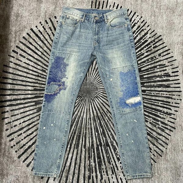 

real pics heavy embroidery washed jeans mens womens patchwork streetwear oversize denim trousers236g, Blue