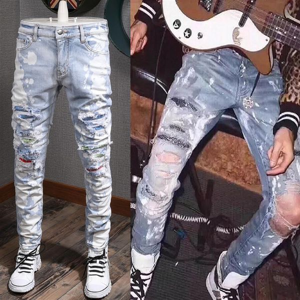 

blue crystal rhinestone trim fit denim jeans men distressed patches2688