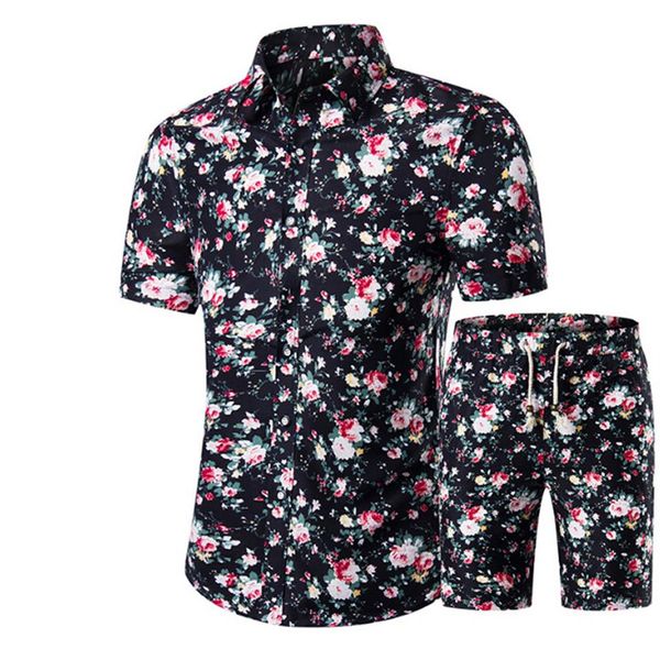 

fashion-men shirts shorts set summer casual printed hawaiian shirt homme short male printing dress suit sets plus size2321, White;black