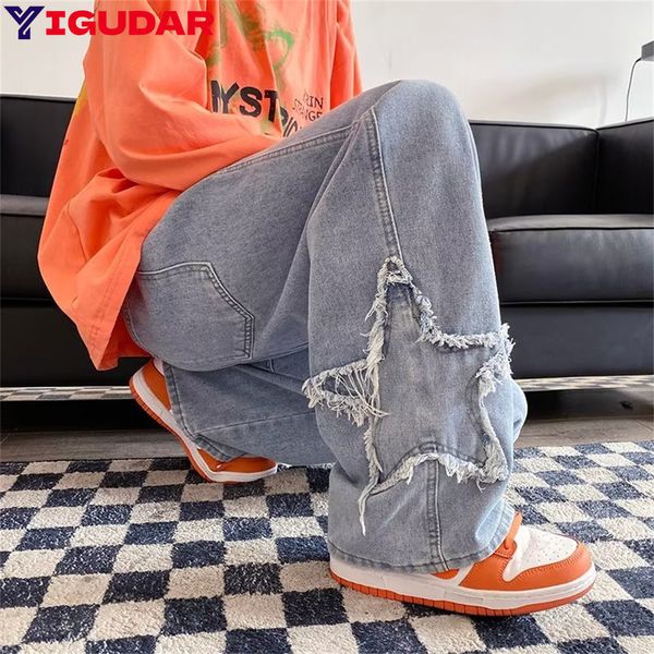 

men's pants high street star embroidered jeans men retro washed patch loose wide leg american casual straight y2k 230812, Black
