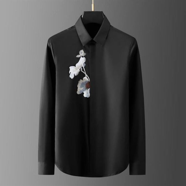 

minglu white black male shirts luxury lotus embroidery long sleeve casual mens dress shirts fashion slim fit party man2683