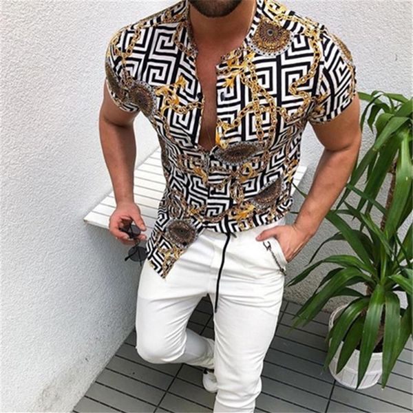

mens shirt fashion printed shirt cardigan gold chain pattern trend short sleeve button shirt slim fit shirts fashion casual c234n, White;black