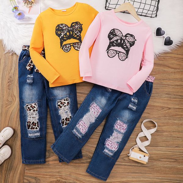 

clothing sets children's clothing set round neck long sleeve cartoon print denim pants two piece set for children's fashion set 23, White