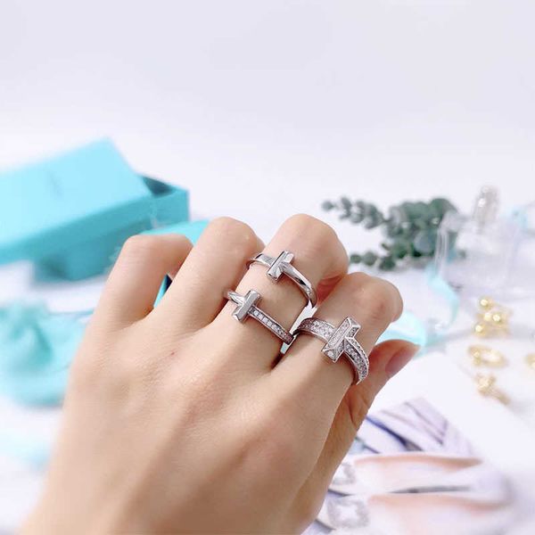 

versatile 01taobao tiktok live broadcast fashion semi diamond smooth three-dimensional rhombus narrow version double t-shaped ring, Silver