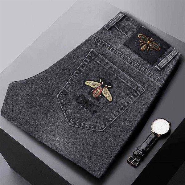 

and spring summer jeans young men's embroidered slim fit small foot elastic casual trend pants243r, Blue