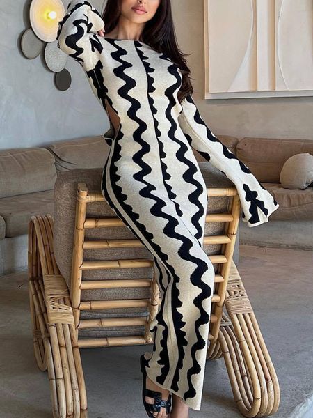 

basic casual dresses knitted dress women stripe knit maxi fashion elegant party hollow out wave long lady slim bodycon 230811, Black;gray