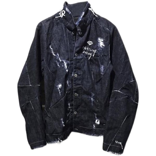 

men's jackets dark vintage gl hand painted broken hole embroidery denim jacket personality washed fashion jeans coat 230811, Black;brown