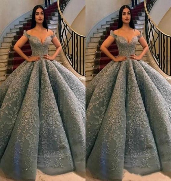 

grey puffy prom dresses long off shoulder lace appliques beaded formal party gowns ball gown evening dresses plus size3380274, Black