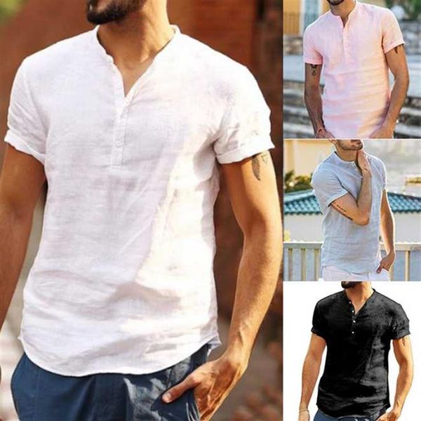 

2020 new european and american men's stand-up collar cotton linen short-sleeved shirt338g, White;black