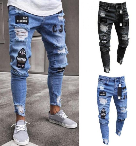 

men039s pants men stretchy ripped skinny biker embroidery print jeans destroyed hole taped slim fit denim scratched high qualit8639440, Black