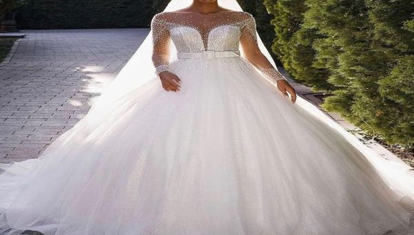 

elegant princess wedding dresses beaded long sleeve church bridal gown cover button back vestido de novia3092367, White