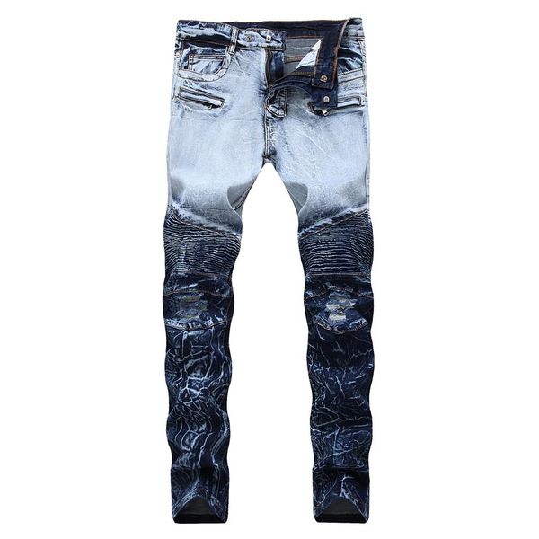 

mens biker jeans holes ripped colors patchwork straight jeans fashion street jeans286i, Blue