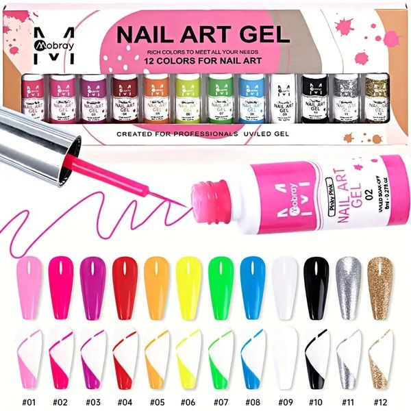 

12 colors painted gel nail polish set line art gel glitter slivery golden salon diy manicure nail art design line art gel