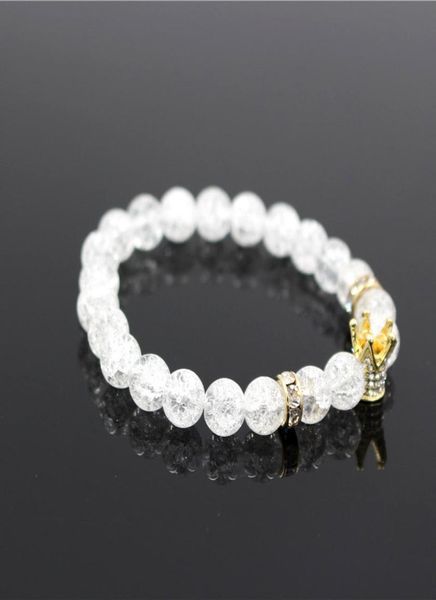 

micro pave white cz gold color king crown charm bracelet men dull polish white popcorn stone bead bracelet jewelry for women2000159, Black