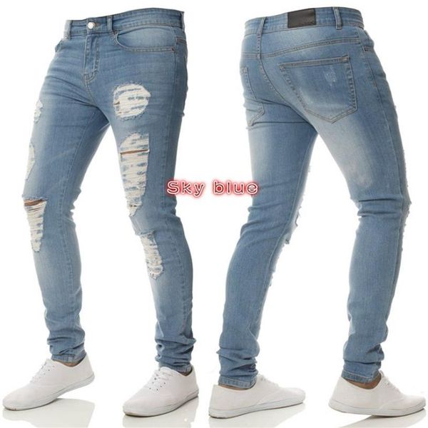

mens casual skinny jeans pants men solid black ripped jeans men ripped beggar slim fit denim with knee hole for youth248i, Blue