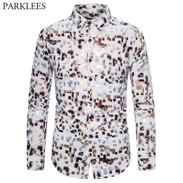 

men's casual shirts shiny plaid bronzing mens dress 2021 fashion colorful printed shirt for men button streetwear camisas par2305, White;black