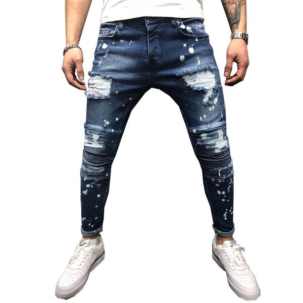 

men stretch destroyed ripped paint point biker jeans new fashion zipper skinny jeans306h, Blue