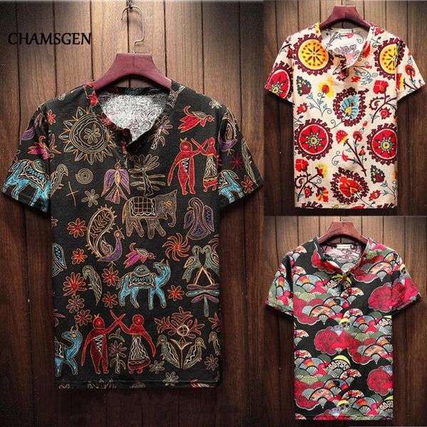 

chamsgen 2020 new men's shirt ethnic style printed chemise homme short sleeve summer casual shirts for men camisa masculina f2687, White;black