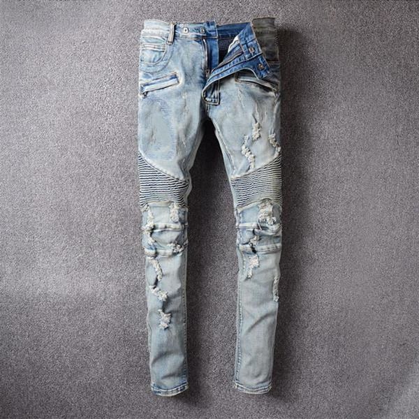 

2021 mens jeans distressed motorcycle biker jean rock skinny slim ripped hole letter brand 8 colors denim pants size 2228h, Blue