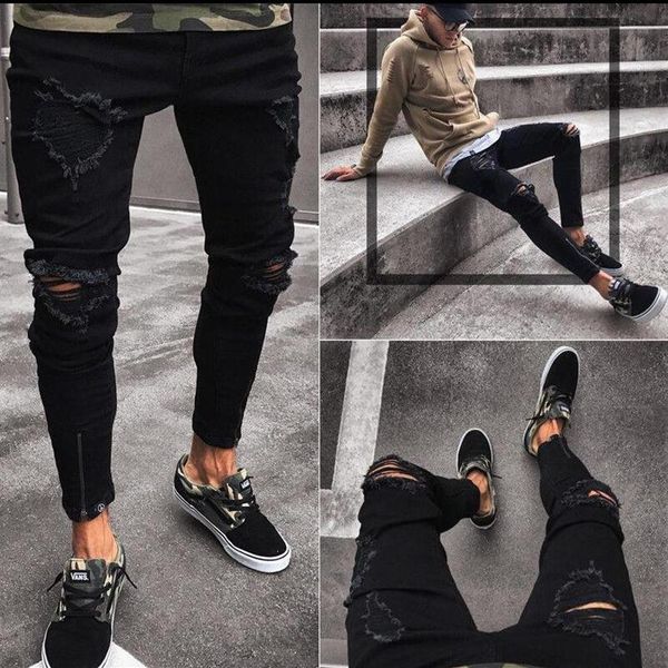

mens cool designer brand black jeans skinny ripped destroyed stretch slim fit hop hop pants with holes for men257h, Blue