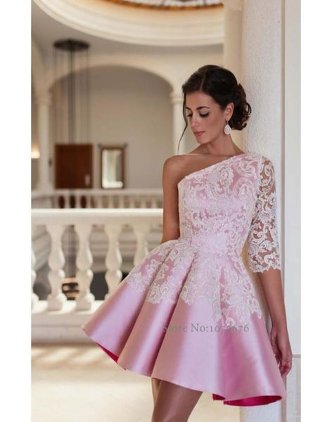 

summer african new style one shoulder pink cocktail dresses elegant women short prom dress ball gown lace party gowns evening dres6814551, Black;red