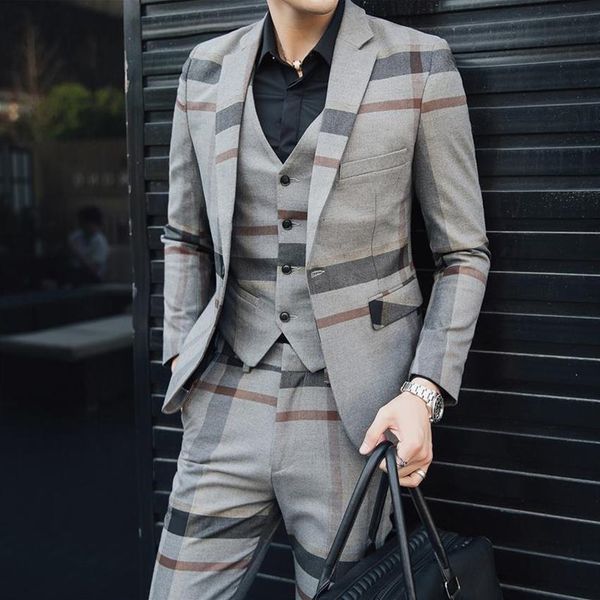 

fashion plaid 3 pcs men's suit wedding dress groom large size slim casual tuxedo banquet party business formal 5xl suits & bl303s, White;black