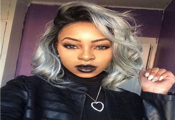 

brazilian 1btgrey bob full lace human hair wigs wave silver gray glueless front lace wigs with bleached knots ombre gray bob wig4868504, Black;brown