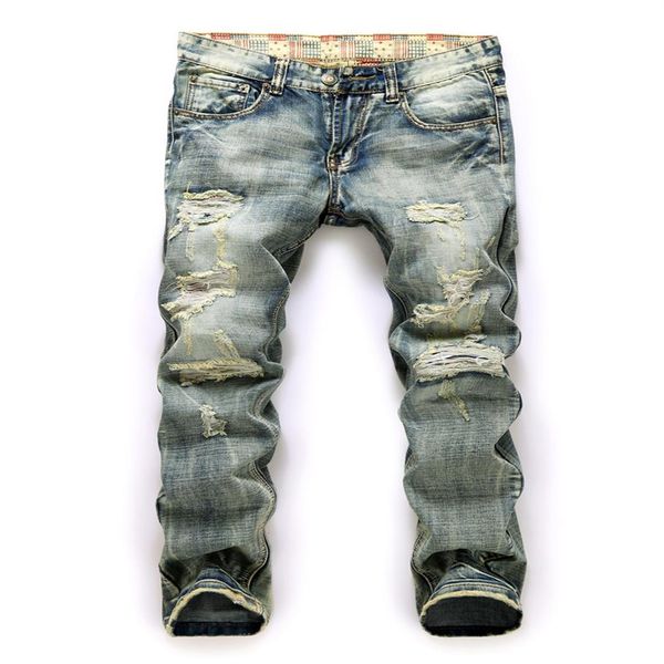 

fashion men straight denim jeans trousers slim casual ripped hole jean pants skinny pants high waist307m, Blue