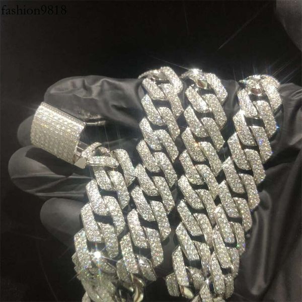 

pass diamond tester gra moissanite diamond 14mm width 2rows sterling sier cuban link chain for rapper hip hop necklace, Silver