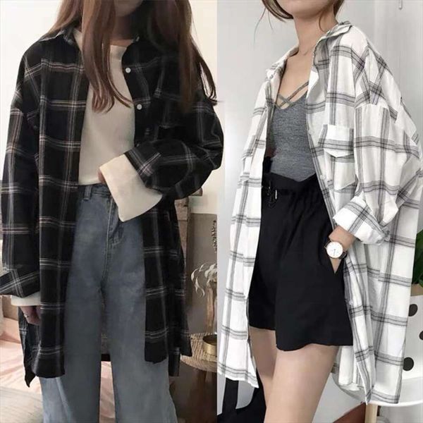 

plaid shirt for women summer korean version of loose all matching long sleeved mid length sunblock thin, White
