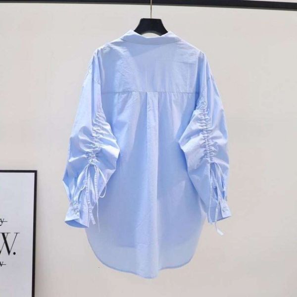 

blue drawstring long sleeved shirt womens loose mid length spring and summer all matching top, White