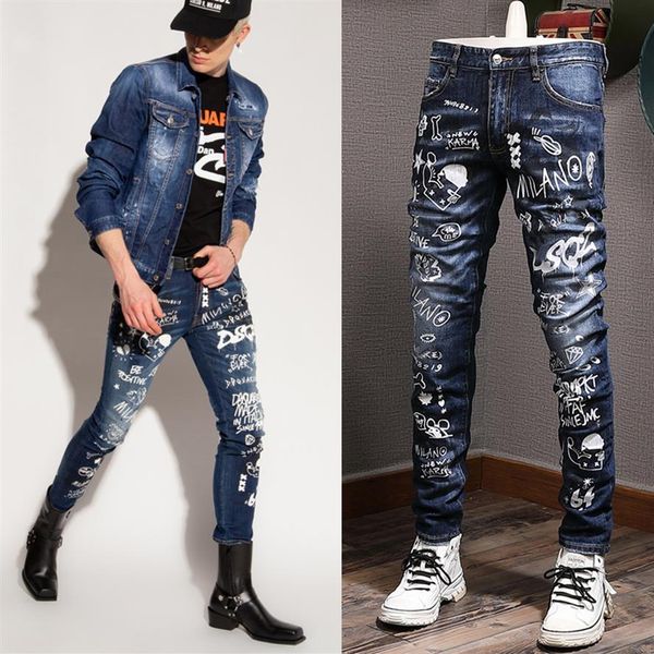 

graffiti print stretch denim jeans for men new european and american fashion style cowboy pants213g, Blue