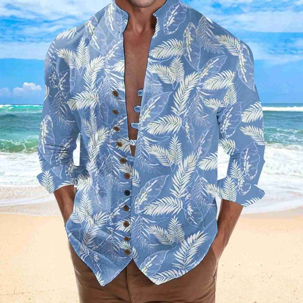 

men's casual shirts vintage men button-up casual leaves hawaii shirts imitation cotton linen stand collar long sleeve shirts clothes s, White;black